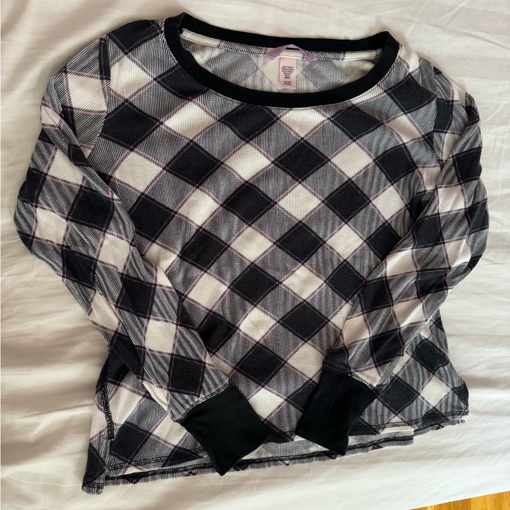 Victoria's Secret Plaid Black White Long Sleeve Thermal PJ Top Size Medium